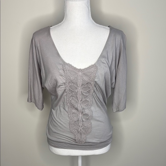 Susie Rose Gray Top with Lace Detail. Raglan Sleeves. Banded Bottom. Small - Picture 1 of 9